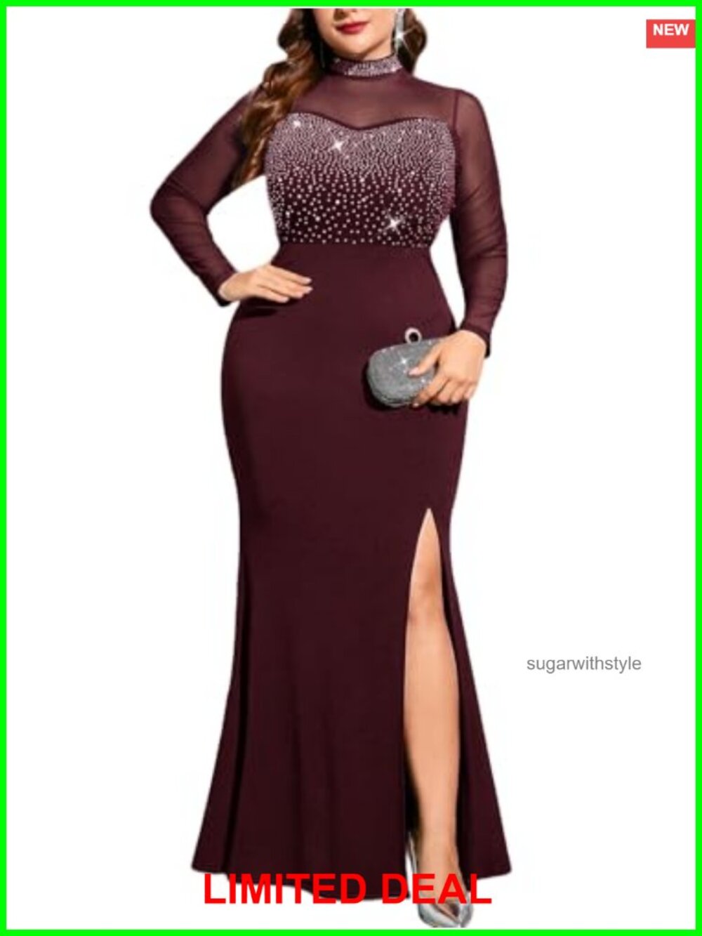 ZOMVA Plus Size Sparkly Rhinestone Mesh Mermaid Evening Gown Maxi Dress Long